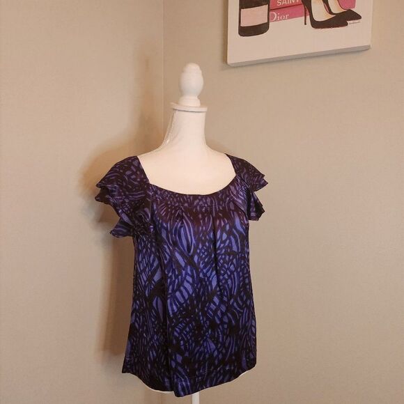 Banana Republic Tops - Banana Republic Purple and Black Silk Flutter Sleeve Blouse